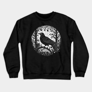 Raven In The Blackbird Forest Linocut Crow Crewneck Sweatshirt